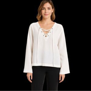 Cloth & Stone Womens Blouse L  White Cotton Top Lace Up Neck Long Sleeve wb